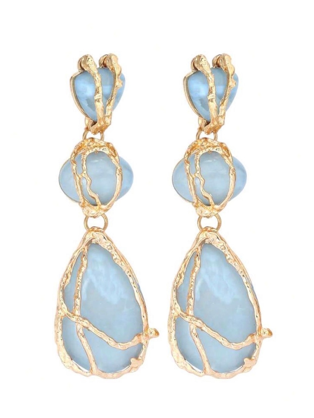 Gold Tone Blue Stone Statement Drop Earrings